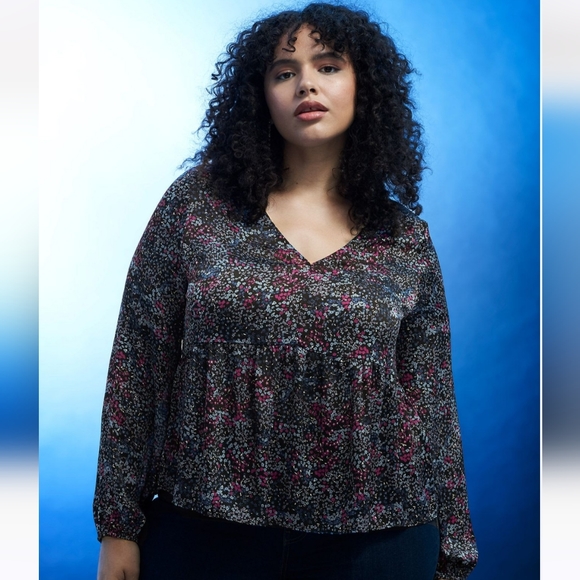 Women's Plus Size Floral Blouse with Balloon Sleeves 2X- Addition Elle - Picture 4 of 8